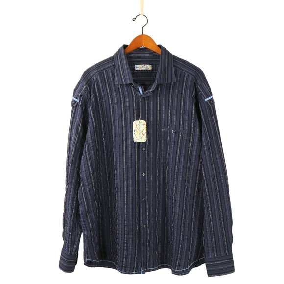 NWT Brandolini Textured Stripe Navy Blue Mens Button Front Shirt XXL - Picture 1 of 7